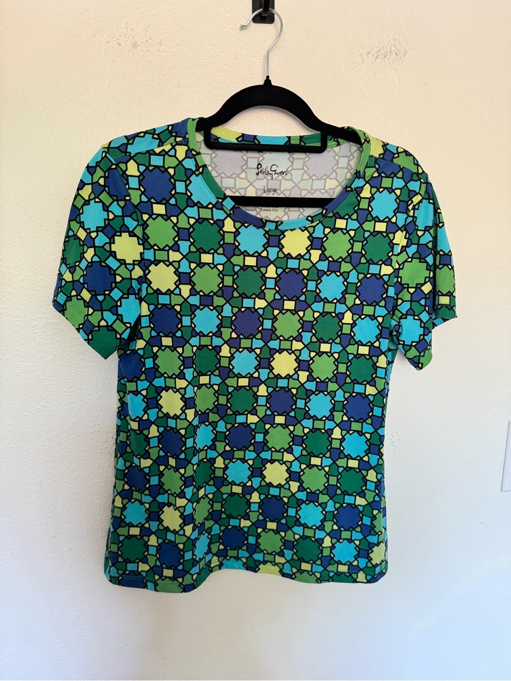 NEW Lesley Evers Stained Glass Fitted T Shirt Size Large Blue Green NWOT